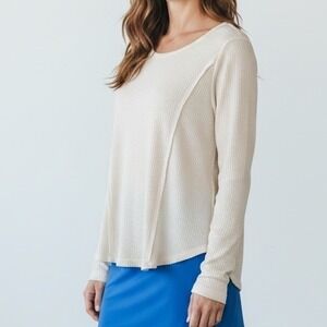 Knox Rose Womens Cream Waffle Knit Lace Up Back Long Sleeve Thermal Top Size M